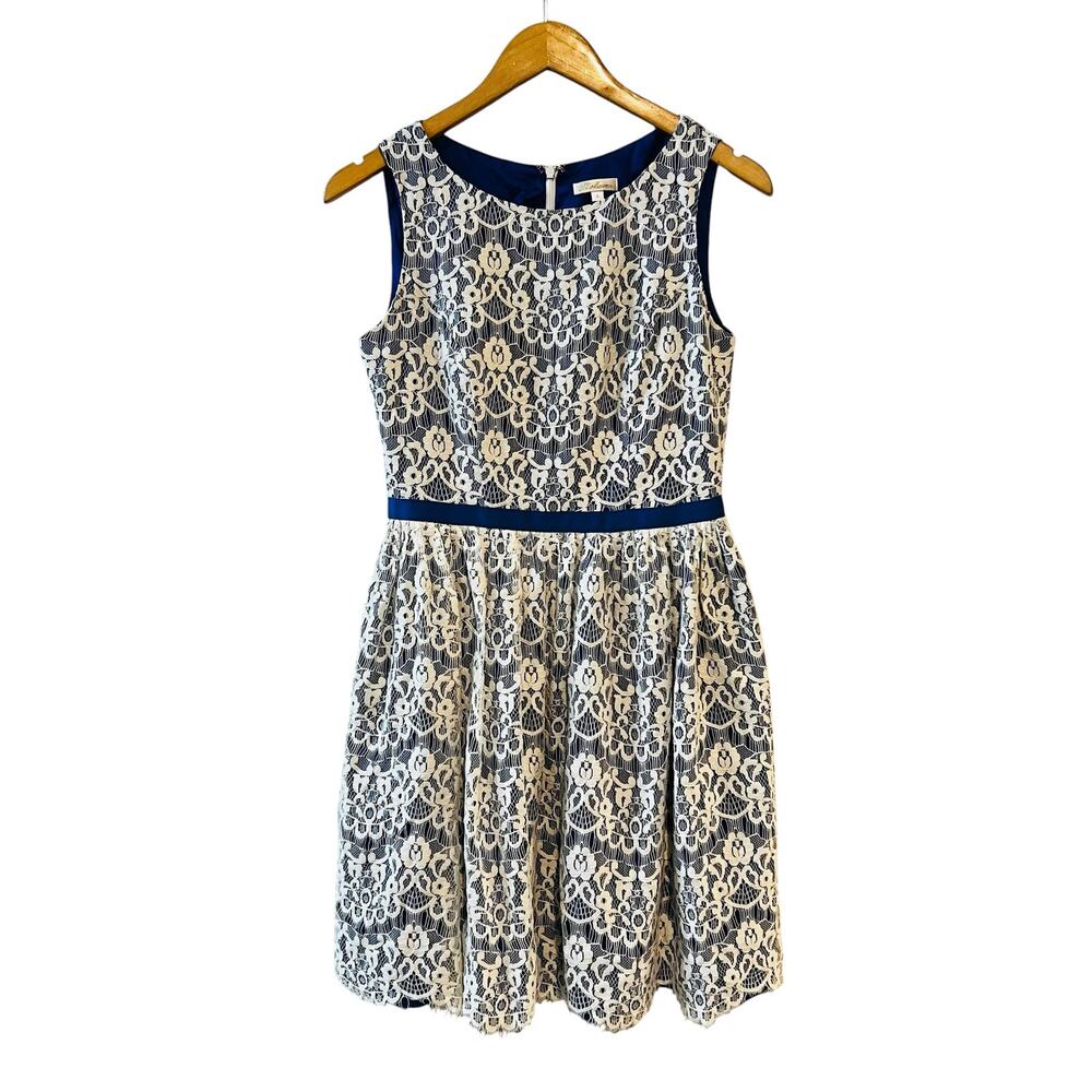Shoshanna Lace Sleeveless Dress Size 4 Blue Cream - Picture 2 of 8